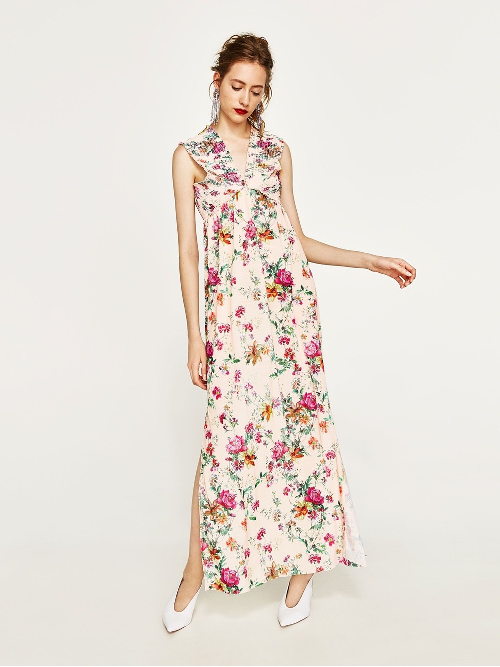 Zara Cream Knit Floral Dress with Pastel Green & Pink Accents